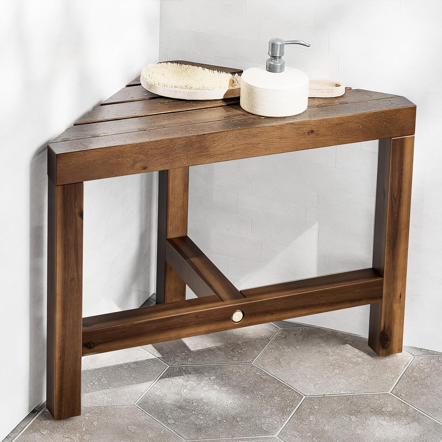 HOLANA 12" Acacia Small Shower Stool - Foot Rest for Shower to Shave Legs - Shower Ledge for Shaving - Crossbar Corner Shower Benches for inside Shower - Bath Step Stools Bench for Bathroom