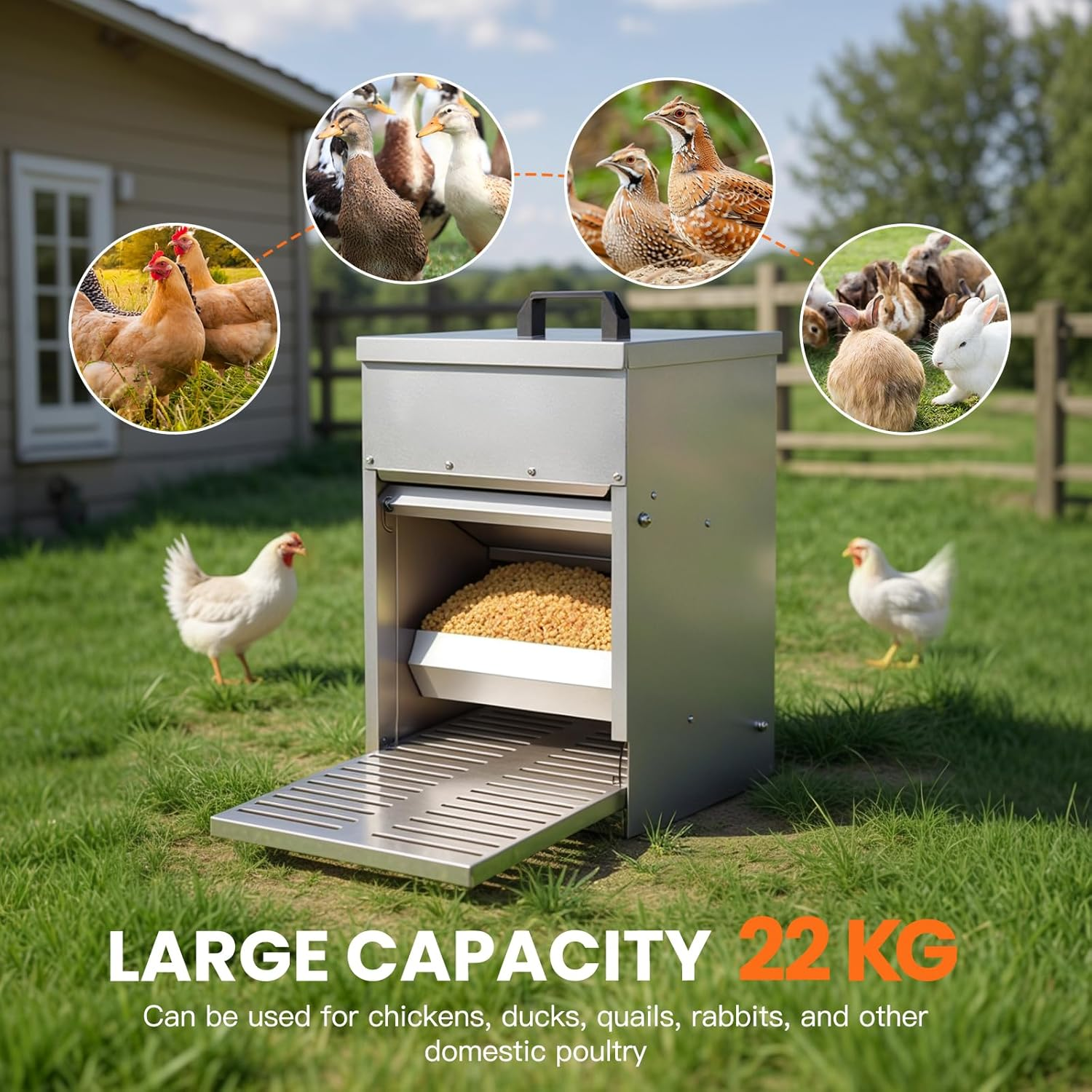 Advwin Automatic Chicken Feeder, 22Kg Capacity, Galvanized Metal Poultry Feeder with Lid & Lock, Weatherproof Outdoor Coop Food Dispenser Suitable for Geese and Ducks image number 4