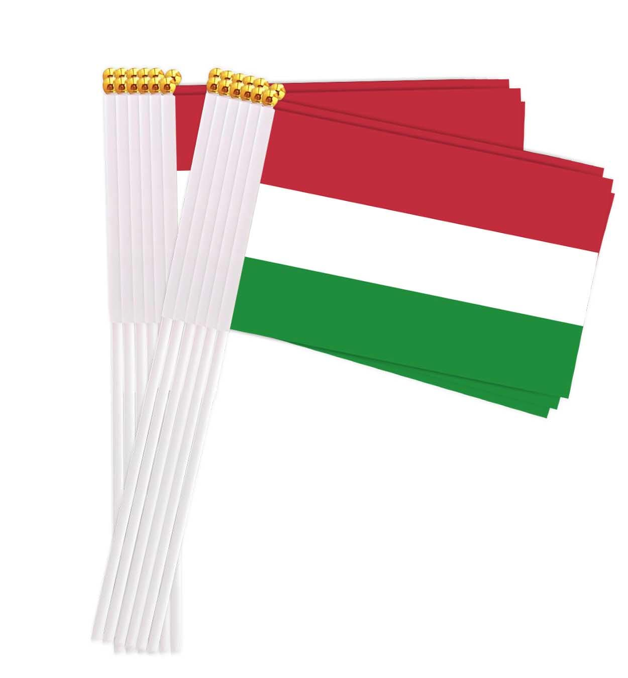 25 Packs Small Hungary Flags on Handheld Stick，Miniature Hungarian Flag for Outside,4X6 Inch Mini Hand Held Banner with Golden Topper,Patriotic Decorations image number 2