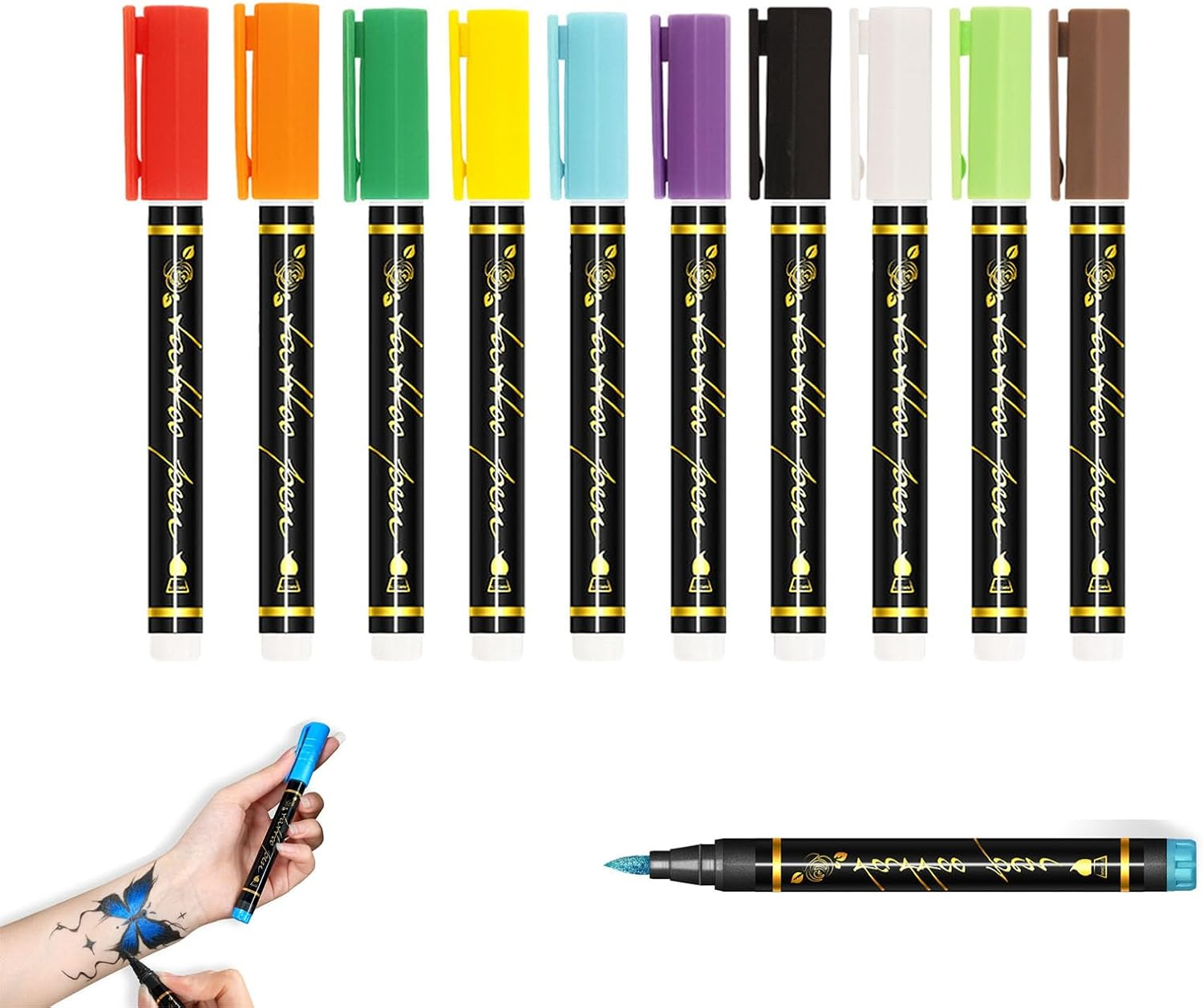 Temporary Tattoo Markers Set, 10-Color, Skin Body Art Pen Kit, Skin Safe, Face Paint Markers, Waterproof, Washable, Long-Lasting, for Halloween, Parties, Cosplay, Bright Colors image number 6