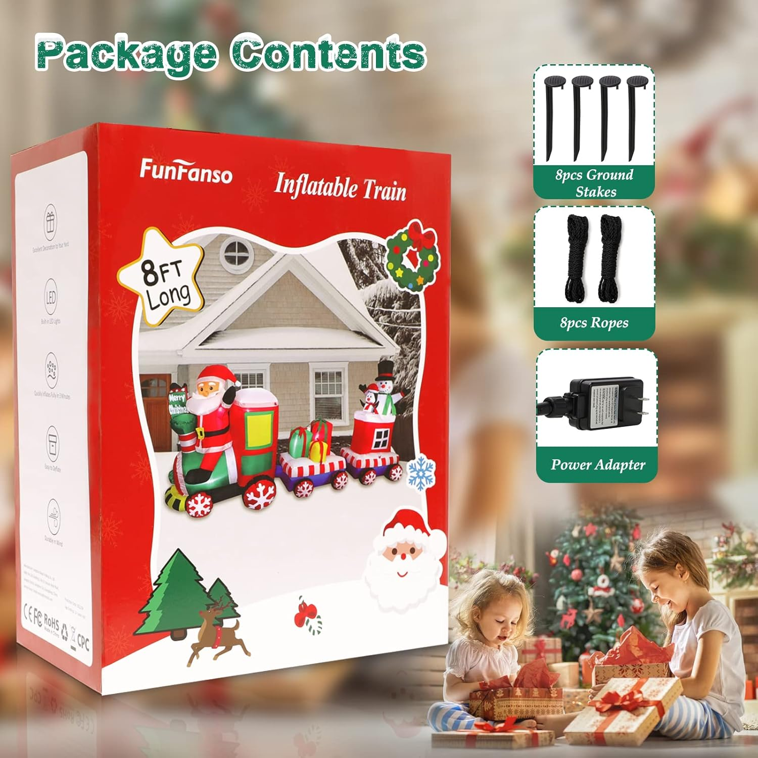 8 FT Christmas Inflatable Train with Santa Claus, Snowman, Penguin, Gift Boxes, Blow up Yard Decorations with Built-In Lights, Lovely Xmas Train Carriage for Holiday Display Lawn Garden Party Decor image number 4