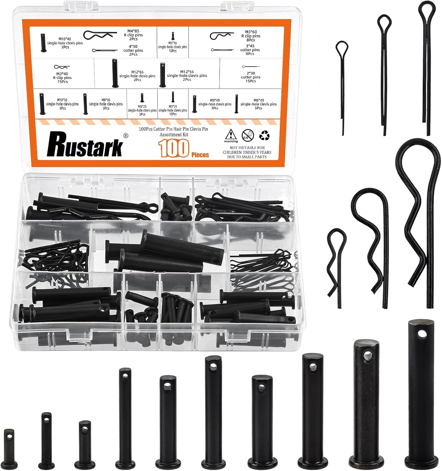 Rustark 100Pcs 16 Sizes M2 M3 M4 M5 M6 M8 M10 M12 Black Cotter Pin Hair Pin Clevis Pin Assortment Kit Zinc Plated R Clips Hair Pins Spring Pin Fasteners Hitch Pin Clips for Automotive Mechanics
