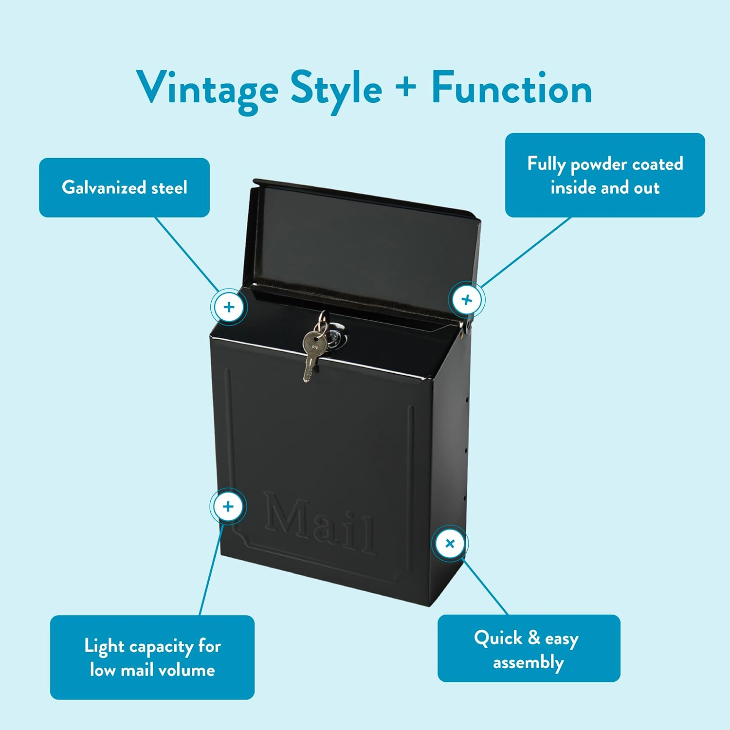 Architectural MAILBOXES Townhouse Vertical Small Capacity Letterbox, Galvanized Steel Wall Mount Mailbox, 4.1 X 8.6 X 10.1 Inches, Black