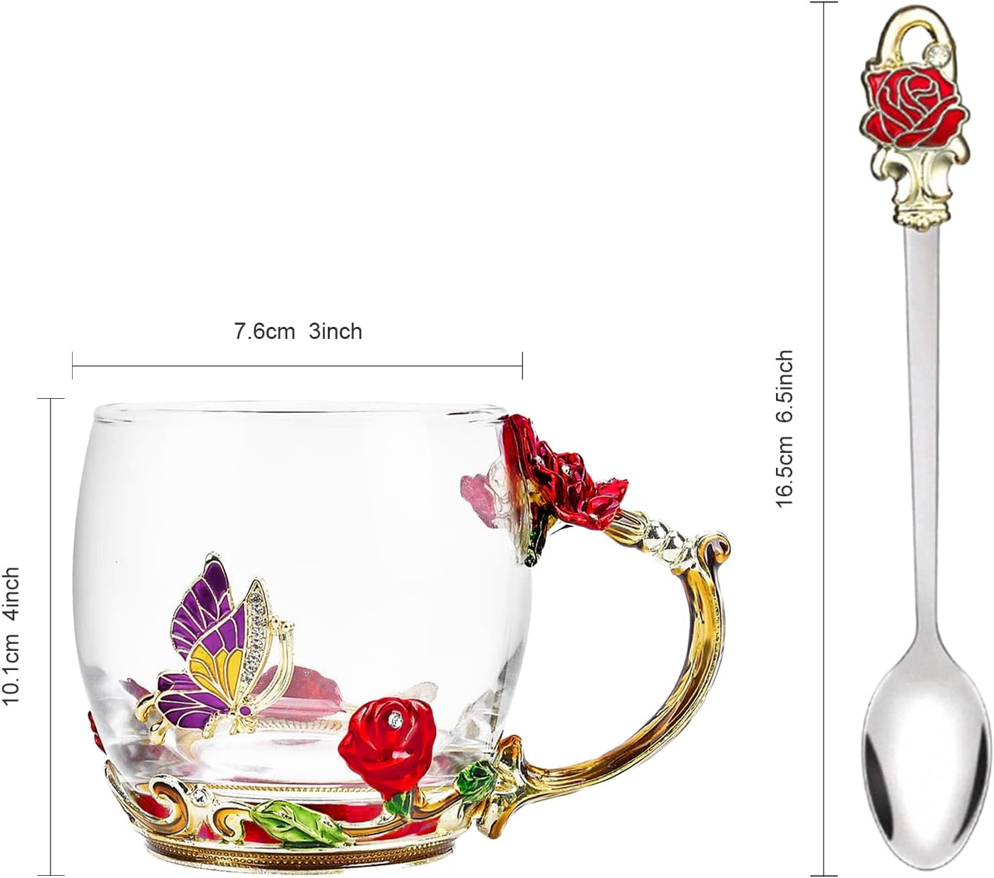 Flower Tea Cup,Butterfly Daisy Glass Fancy Coffee Mug with Spoon,Gift Box for Her Mom Wife Grandma Girls Friends Valentines Christmas Birthday Present Idea for Juice,Hot/Cold Drinks Use (Red Rose) - Blue Rose image number 5