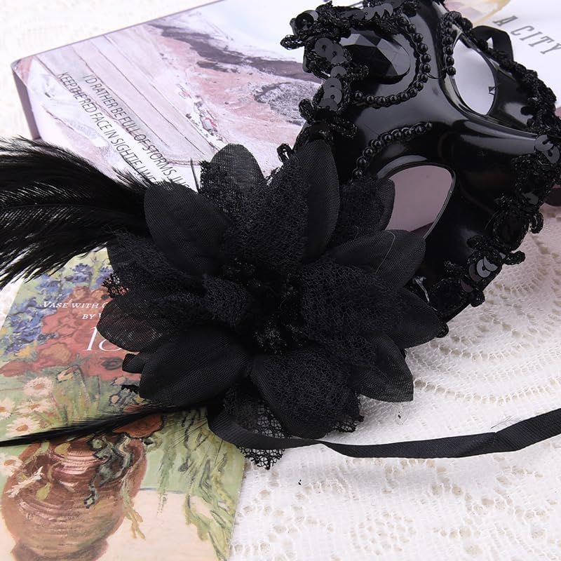 Feather Masquerade Masks for Women Rhinestone Flower Party Mask Black Costumes Lace Eye Mask for Carnivals Halloween Cosplay Masquerade Accesssories image number 4