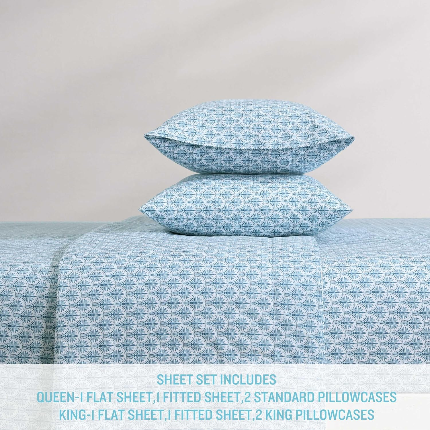 Tommy Bahama - King Sheet Set, Super Soft Cotton Percale Bedding with Matching Shams, Tropical Bedding Set, Oeko-Tex Certified (Coastal Batik Blue, King) image number 3