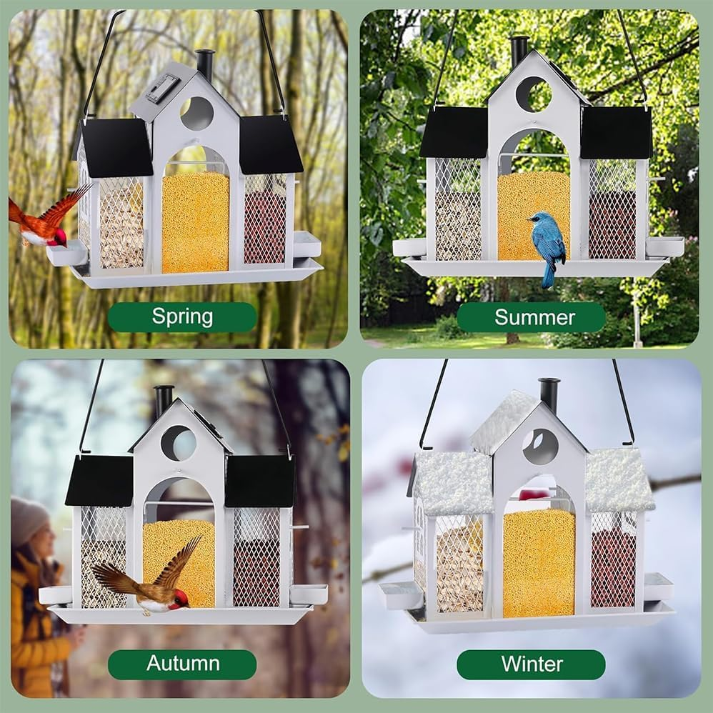 Creative House Metal Courtyard Hummingbird Squirrel Bird Feeder Outdoor Balcony Hanging Courtyard, Large Capacity Metal Wild Bird Feeder Squirrel Proof for outside Decoration,Superise for Bird Lovers. image number 5