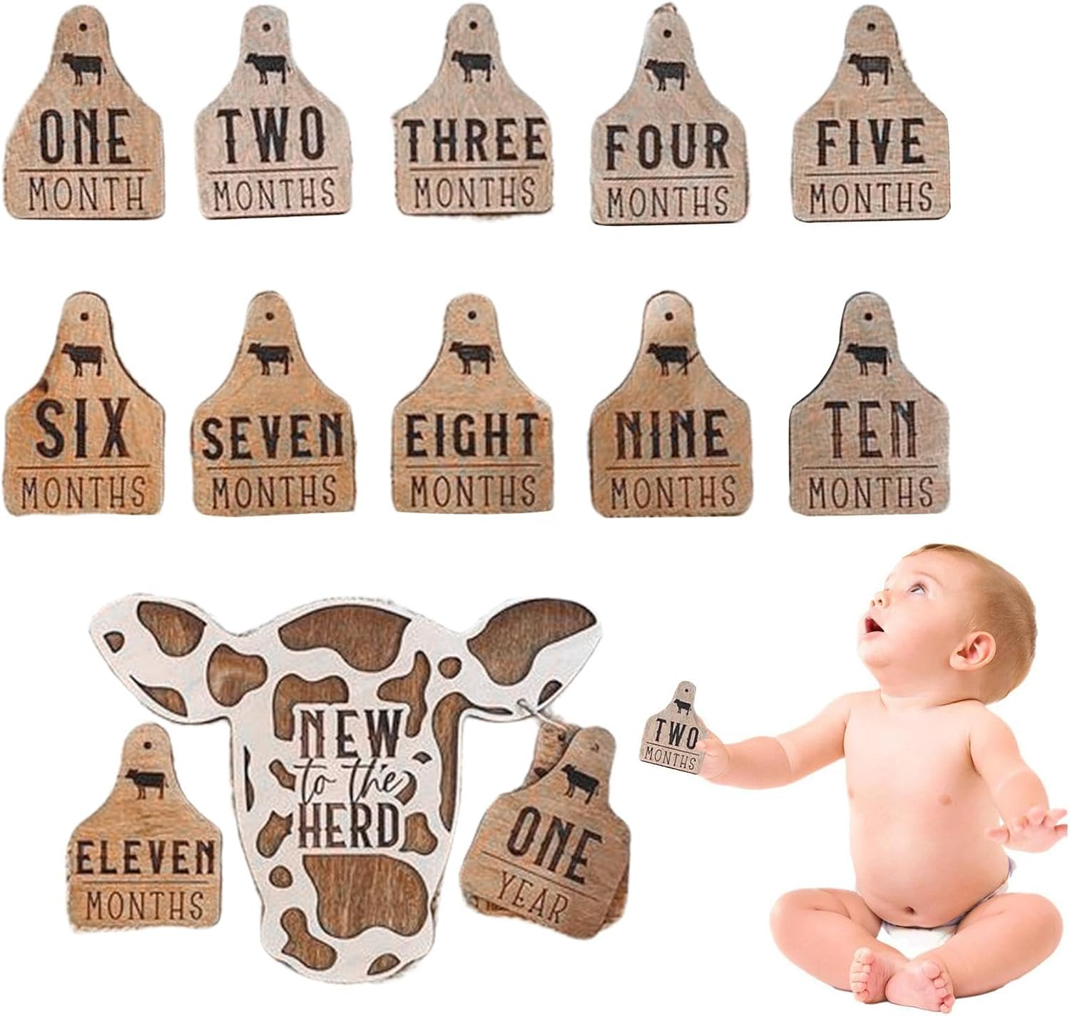 Mbiyhgta Highland Livestock Milestone Marker | Monthly Milestones for Toddlers Wood with CUET Label - 13 Pieces of Rustic Wood Herd image number 4