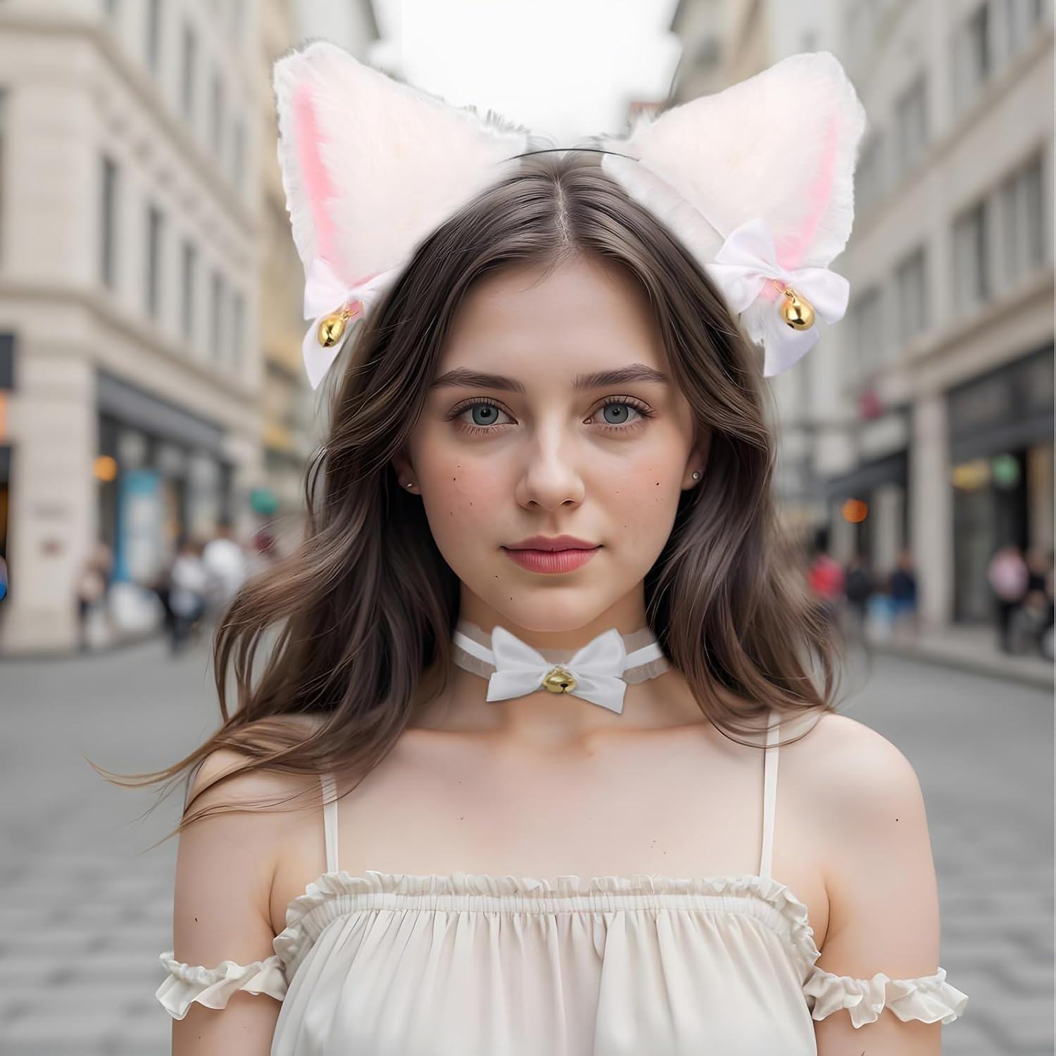 Faux Fur Fox Tail Cat Wolf Cosplay Costume Set, Cats Ear Headbands Tail Cats Paw Glove Leather Neck Chocker Set Halloween Christmas Party Animal Role Play Accessories (White) image number 5