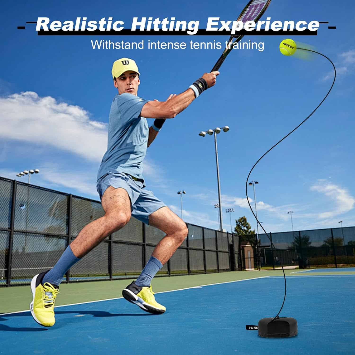 Hikeen Premium Tennis Trainer Rebound with Metal Base,Portable Solo Tennis Trainer Set with 3 Highly Elastic String Balls,Tennis Practice Equipment for Adult Kids an Beginners