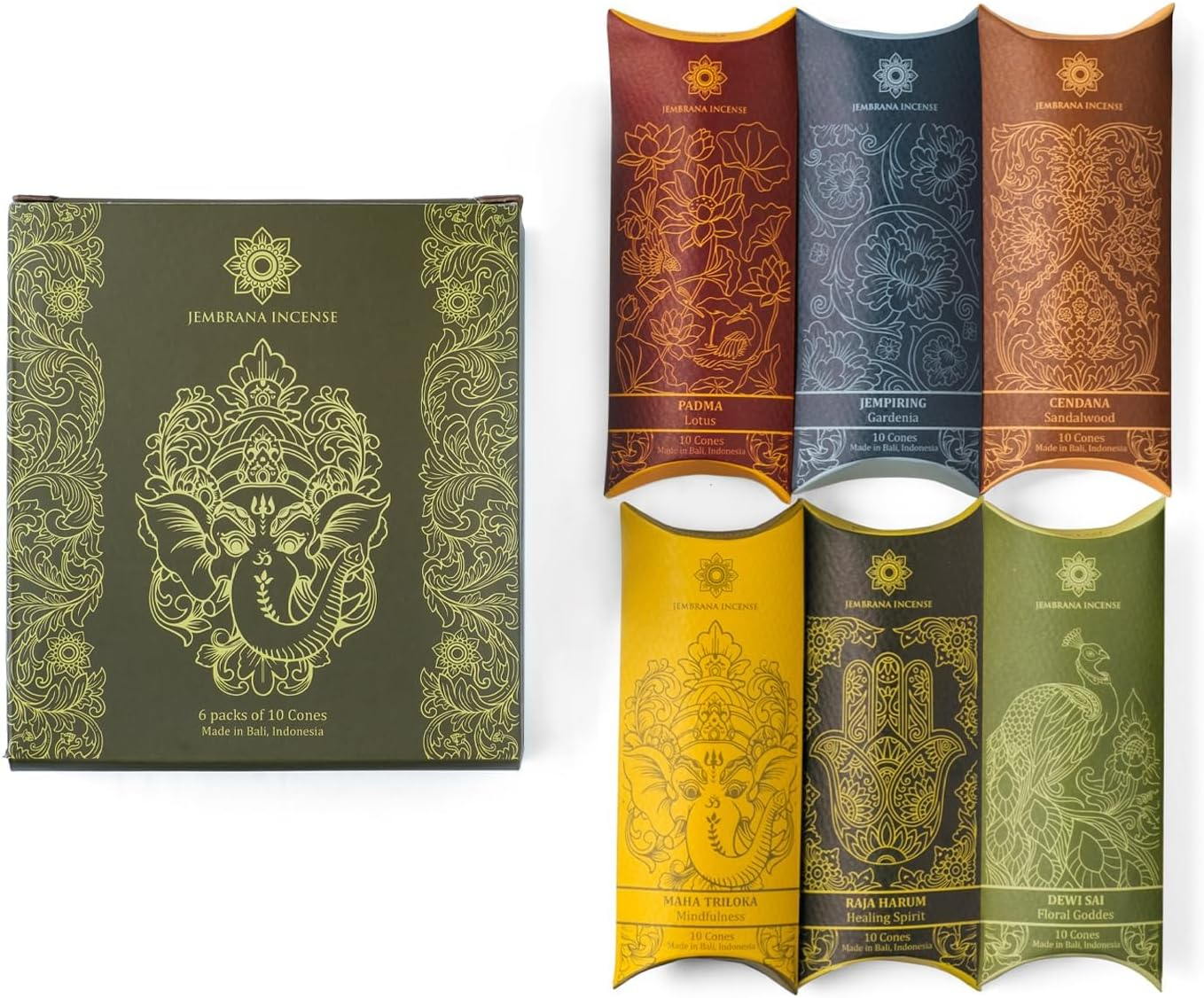 Bali Soap Jembrana Incense Cones - Mix 6 Scents (60 Cones Total), 10 Cones Each of Lotus (Padma), Sandalwood, Gardenia, Maha Triloka, Raja Harum & Dewi Sai (Amber), Gift Sets from Bali image number 2