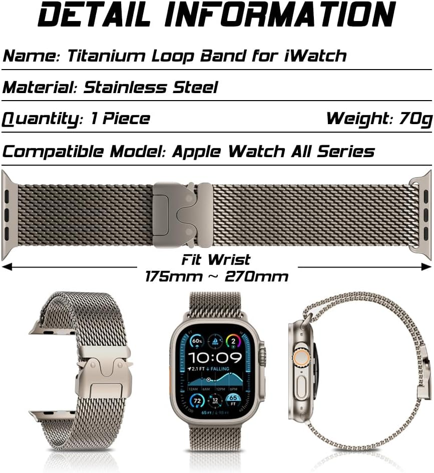 MRVOEBC Stainless Steel Band Compatible for Apple Watch Ultra 49Mm 46Mm 45Mm 44Mm 42Mm 41Mm 40Mm 38Mm, Titanium Loop Replacement Strap Compatible with Iwatch Series 10/9/8/7/6/5/4/3/2/1/SE