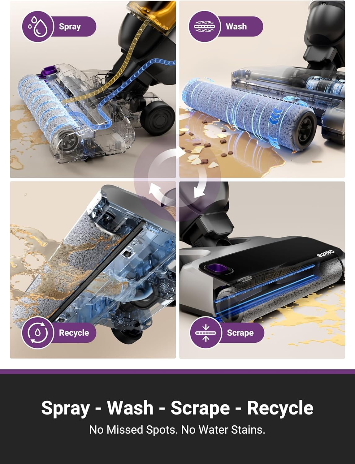 EUREKA Rapidwash NEW630 Cordless Wet Dry Vacuum Cleaner, 21600Pa Smart Hard Floor Washer with 170&deg; Lay-Flat, 60℃ Hot Air Flash Drying, Self-Cleaning, Edge Clean, Messes Detection, Tangle-Free Design image number 2