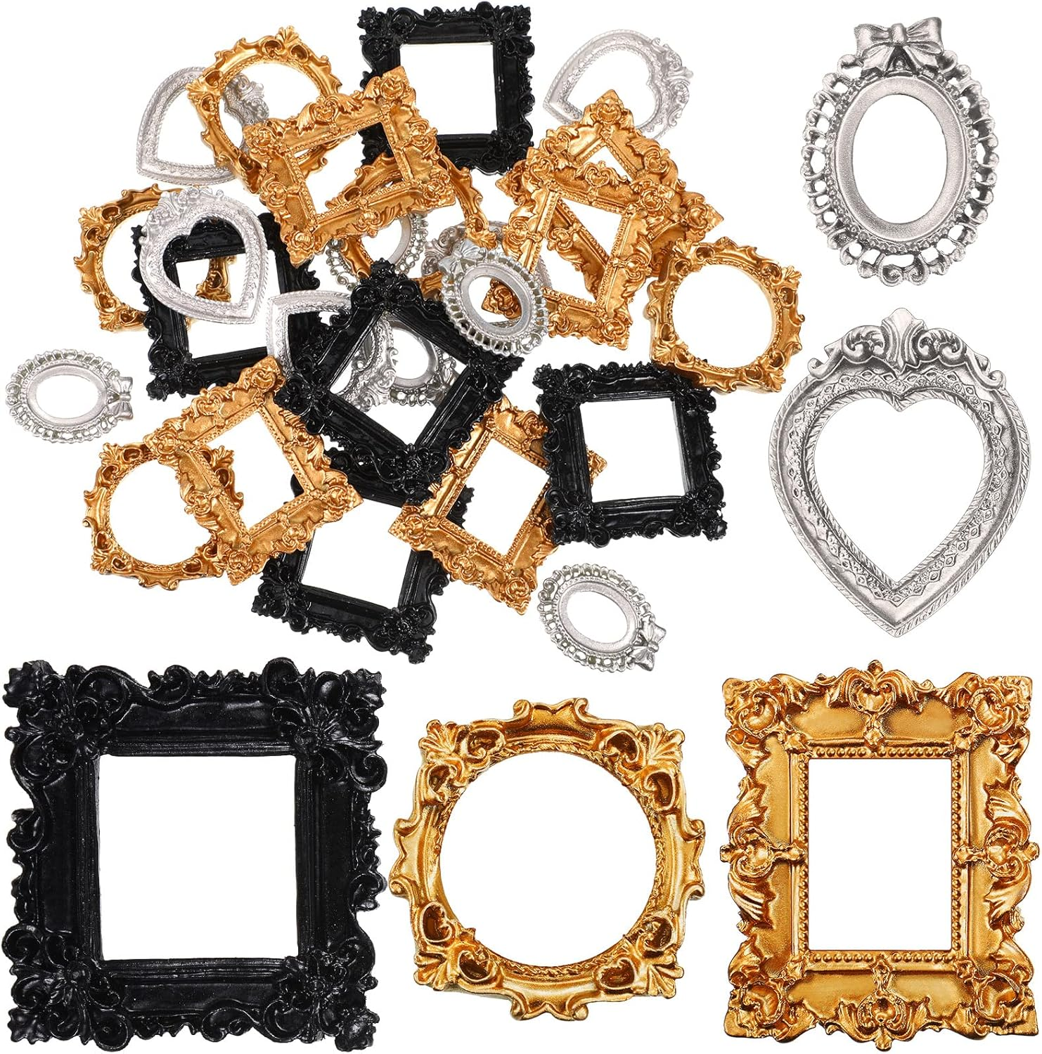 Vicenpal 25 Pcs Vintage Resin Picture Frame Antique Photo Resin Frame Mini Resin Jewelry Display Frame Photography Photo Frame DIY Small Photo Frame for Photo Home Decoration (Black,Gold,Silver) - 40, Black image number 2