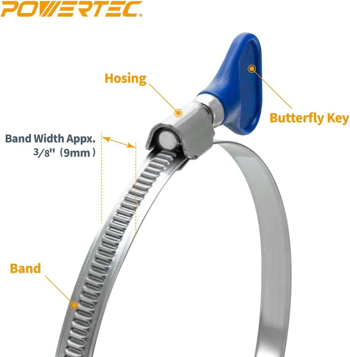 POWERTEC 70225 4 Inch Right Hand Keyed Bridge Hose Clamp, Thumb Screw Key Adjustable Stainless Steel Hose Clamps for Dust Collection, Dust Collector and Dryer Vent Hose, 5 Pack