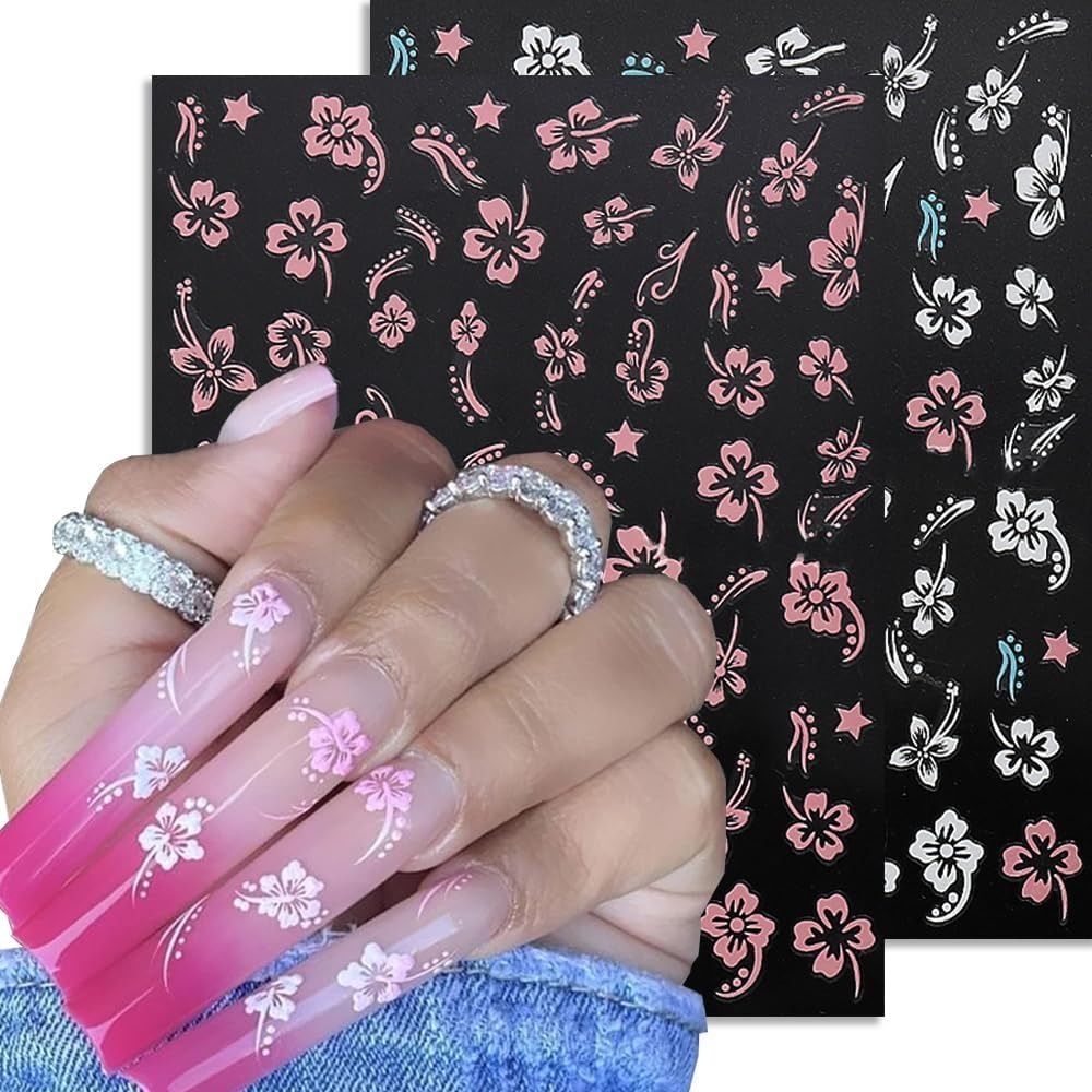 6Sheets Hibiscus Flowers Nail Stickers, 3D Self-Adhesive White Pink Gold Flower Pattern Nail Decals Manicure Tropical Accessories for Women Girls image number 5