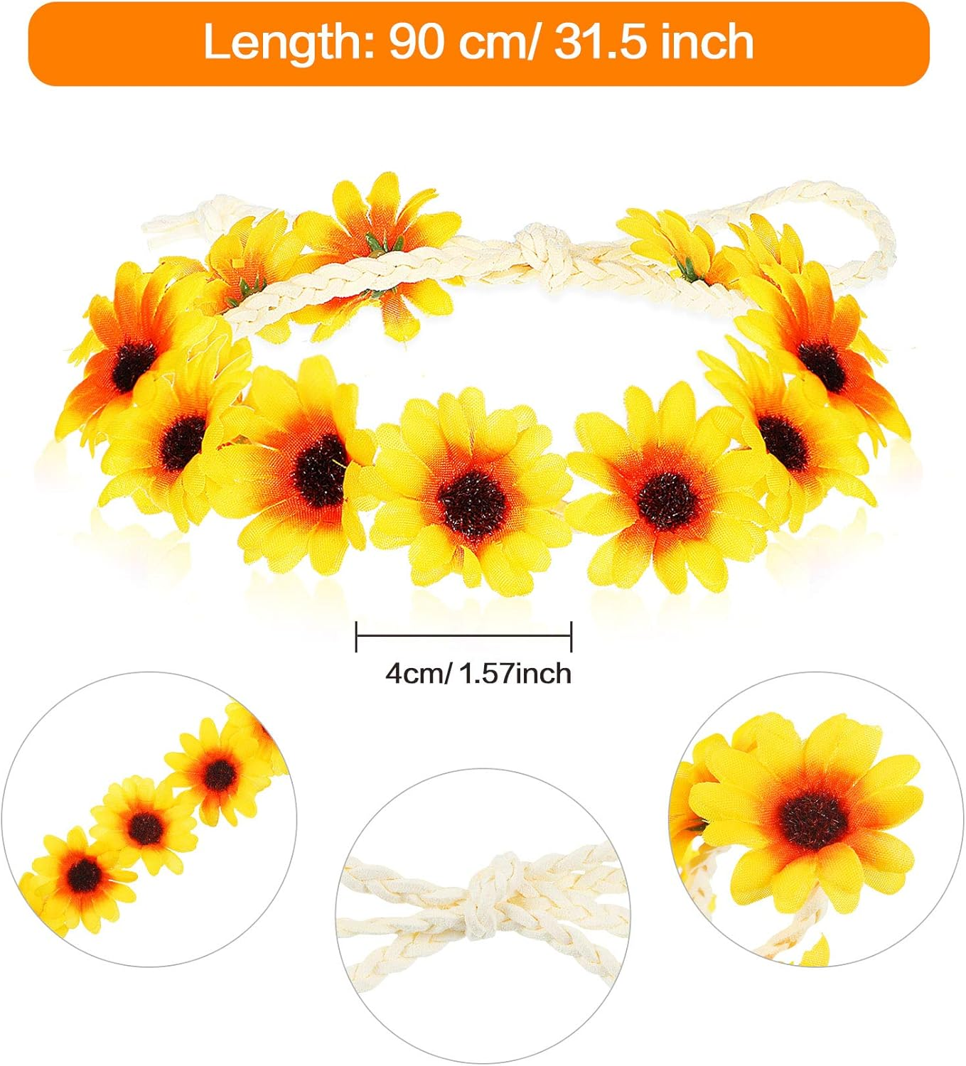 8 Pieces Sunflower Crown Hair Wreath Daisy Flower Headbands Hippie Headbands Adjustable Floral Bridal Headpiece for Hippie Party Wedding Festivals Photo Props - White, Yellow image number 3