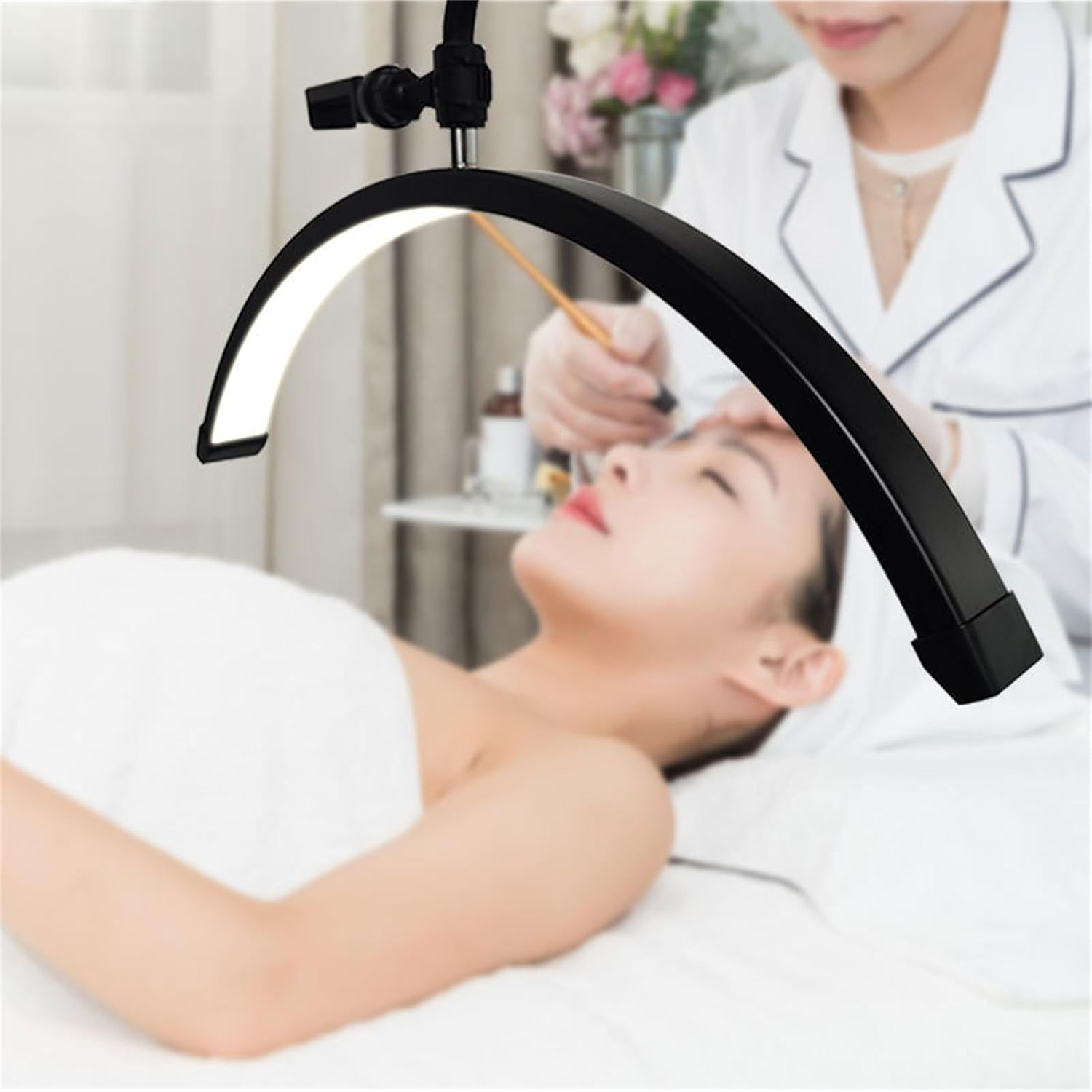 Beauty Half Moon Light Floor Fill Lamp LED Stand Lash Light Rotatable Height Adjustable 135-185Cm, Brightness Adjustable 3200K-5600K with Phone Holder 37.5X44.5X185Cm Black image number 3