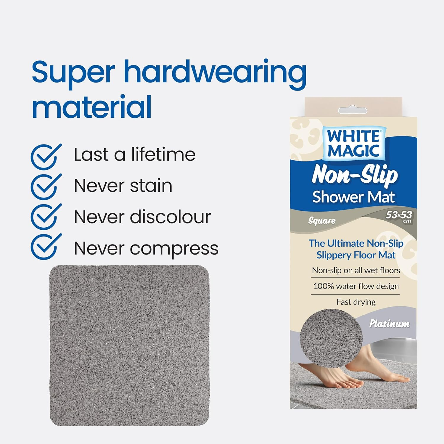 White Magic Non-Slip Shower Mat Square, 53X53 Cm, Anti-Slip, Fast Drying, 100% Water Flow, Durable & Machine Washable &ndash; Ideal for Small Showers, Bathtubs, Bathrooms, and Boats (Platnium) image number 5