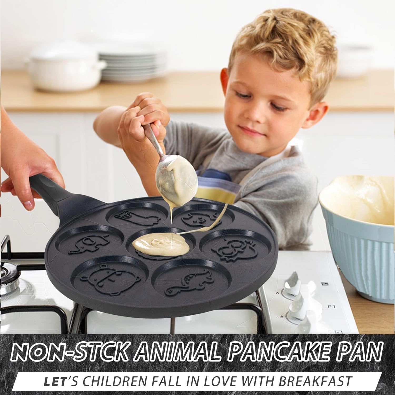 Pancake Pan Nonstick 10 Inch Animal Pancake Maker Mini Pancake Mold Pan Blini Pan for Kids Gifts Cake, Black (7-Cup)