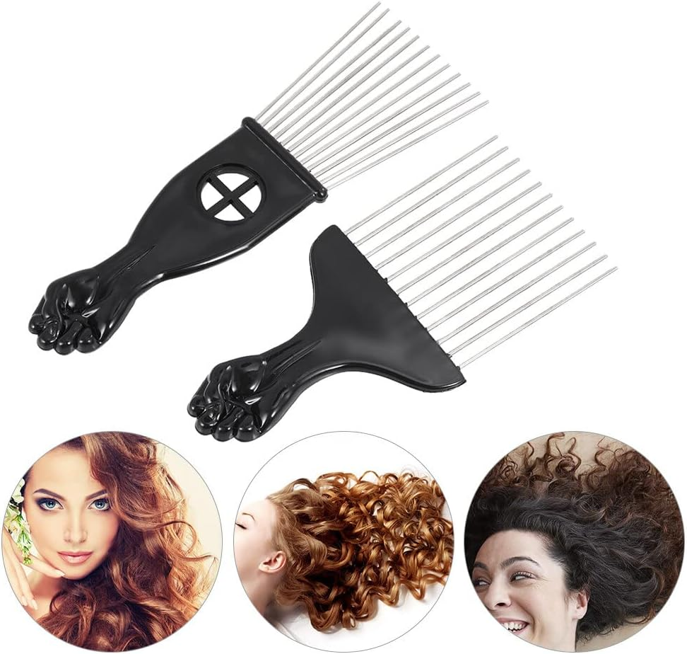 Xinyee 2Pcs Mental Pick Comb African American Afro Comb Hair Brush Hairdressing Styling Tool Black Fist image number 3