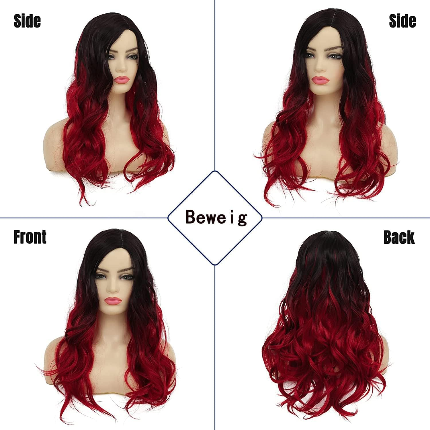 Beweig Ombre Wig Black to Red Long Wavy Wig for Women Side Part Dyed Synthetic Heat Resistant Wig for Daily Party image number 3