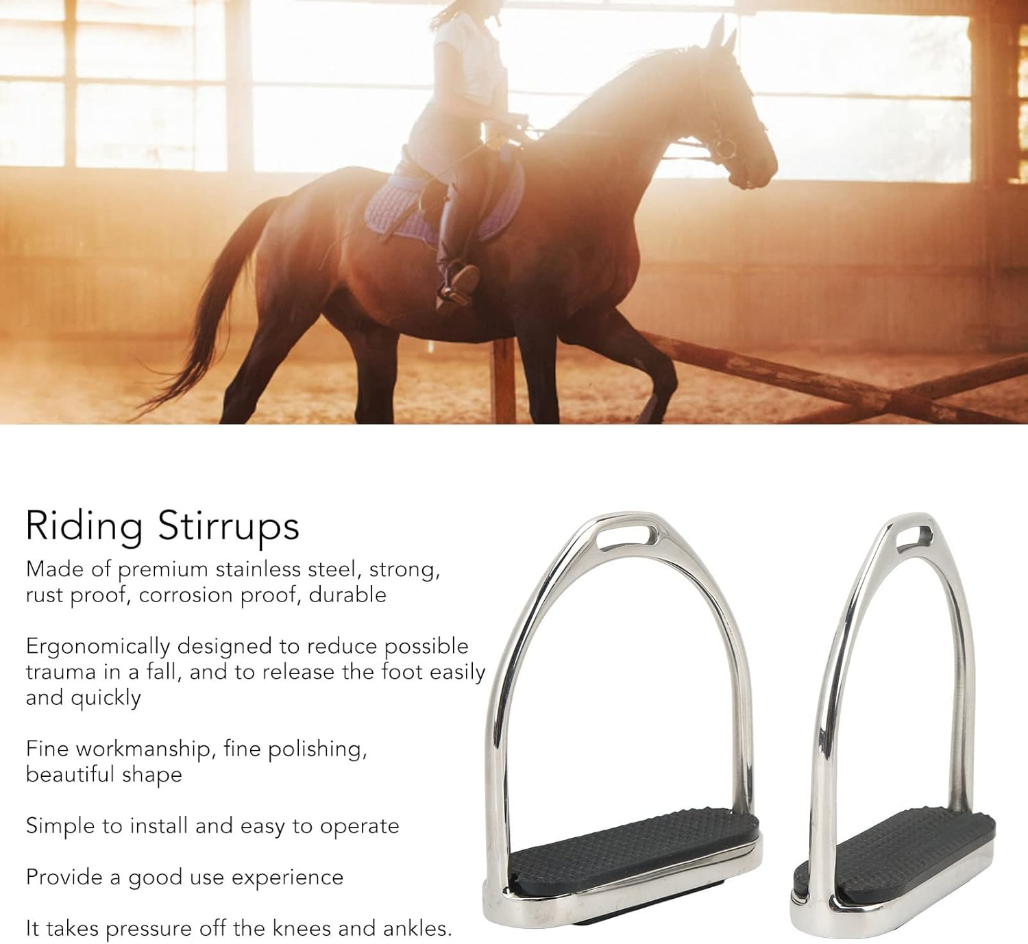 Horse Riding Stirrups, 1 Pair Stainless Steel English Riding Protection Stirrups with anti Skid Horse Pedal for Saddle, Multipurpose Horse Riding Safety Stirrups Equestrian Saddles Accessories image number 5