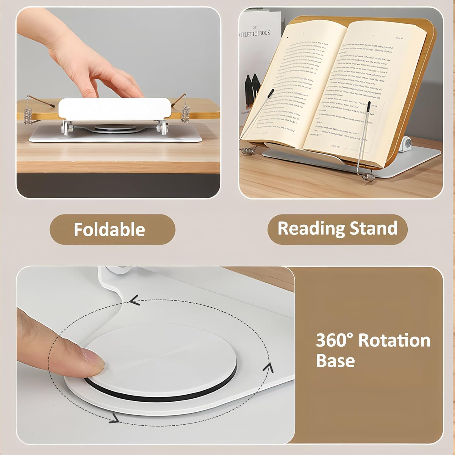 Book Stand for Reading, Adjustable Book Holder with 360&deg; Rotating Base, Foldable Cookbook Stand Recipe Book Holder with Elastic Page Clips for Music Scores, Recipe, Magazines, Tablet, Laptops (Silver)