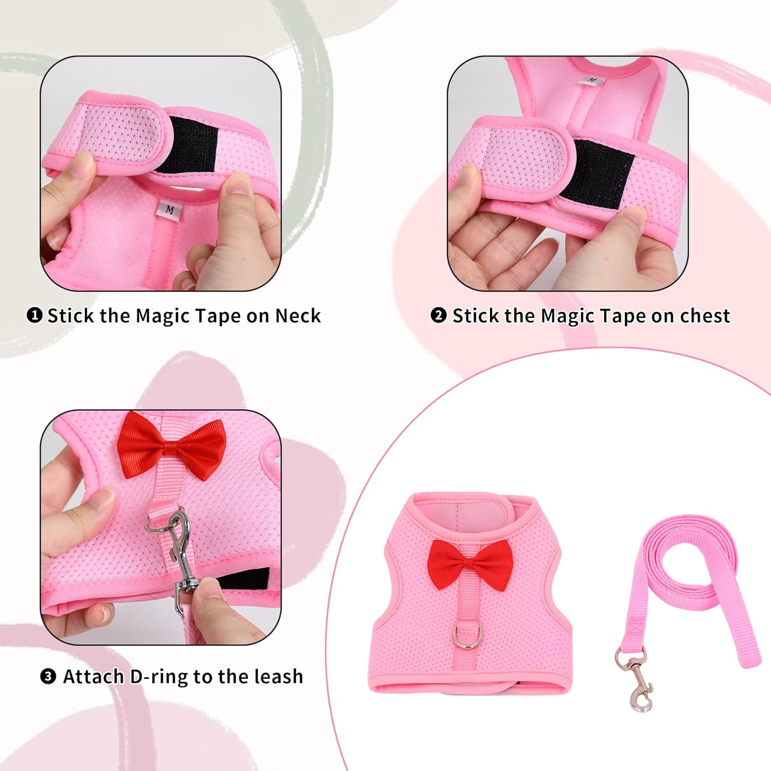AIITLE Rabbit Harness and Leash Set with Cute Bow, Soft Breathable Mesh Vest Harness for Rabbits Kitten Ferret Puppy Small Pets Walking Supplies Pink S image number 6