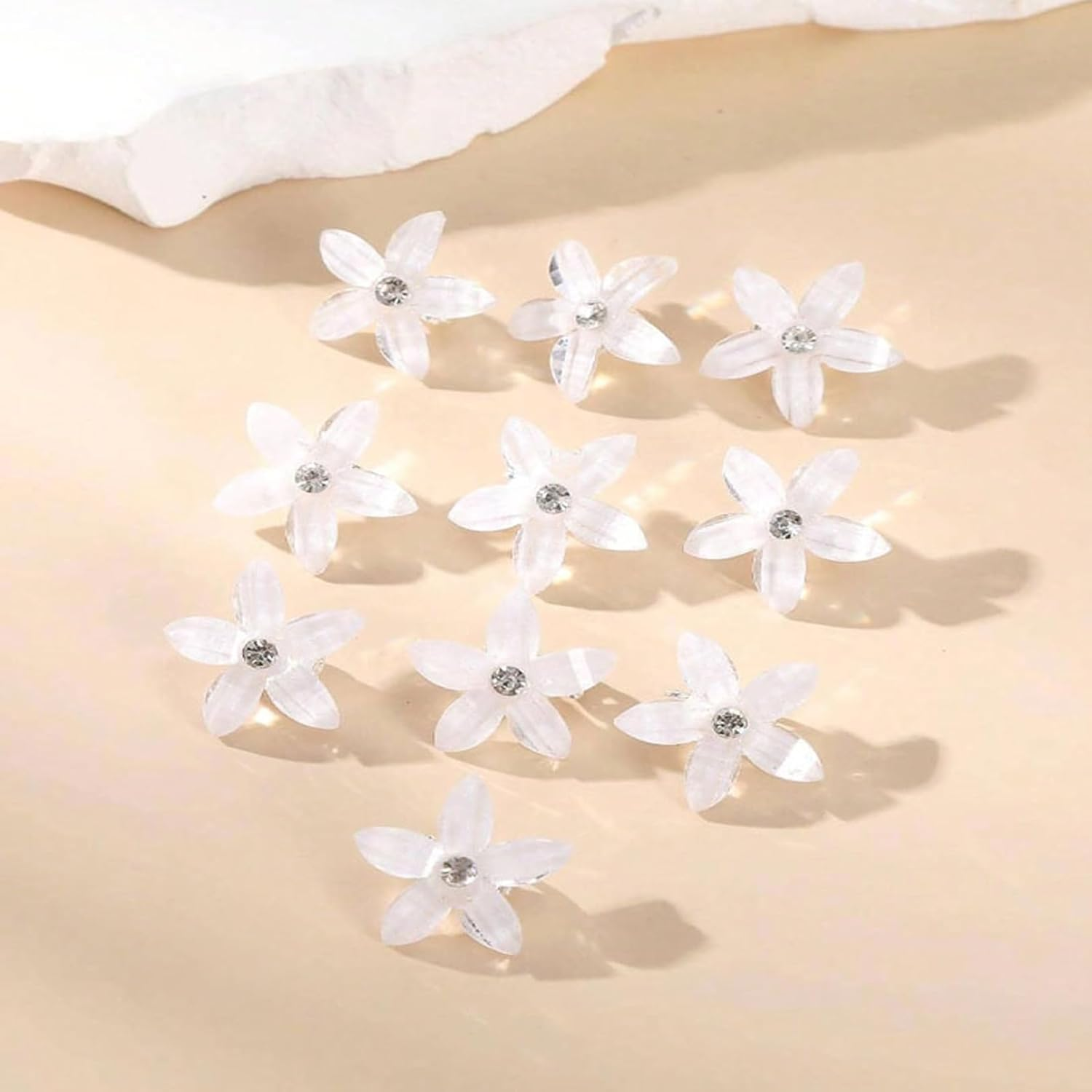 Pack of 10 Flower Hair Clips, Small Hair Clips, Girls' Hair Accessories with Rhinestones, Small Accessories Hair Clip, Flower Hair Accessories, Orchid Hair Clip Set, for Girls and Women (White) image number 2
