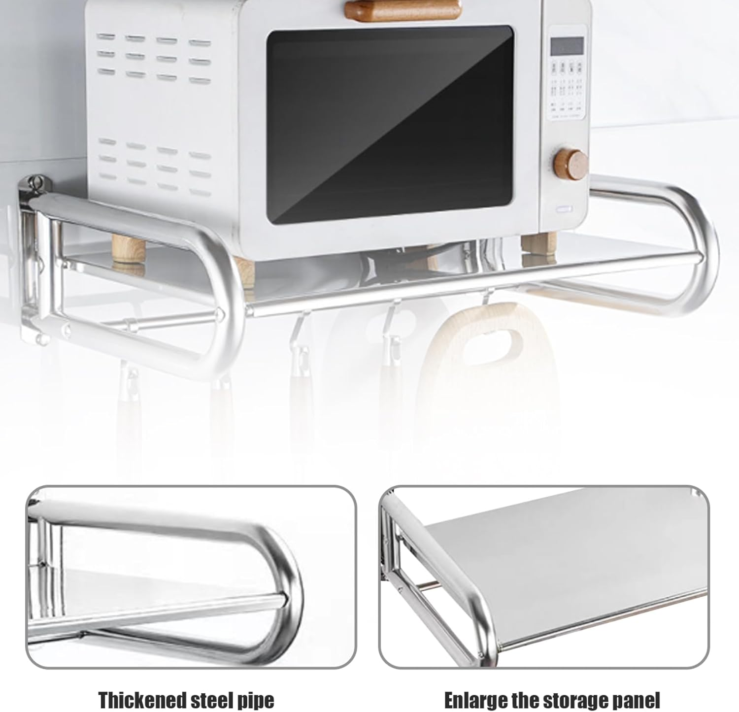 Microwave Oven Rack, Stainless Steel Microwave Oven Bracket, Wall Mounted Kitchen Rack with 5 Hooks, Maximum Load-Bearing Capacity 31Kg, Suitable for Kitchen Use image number 2