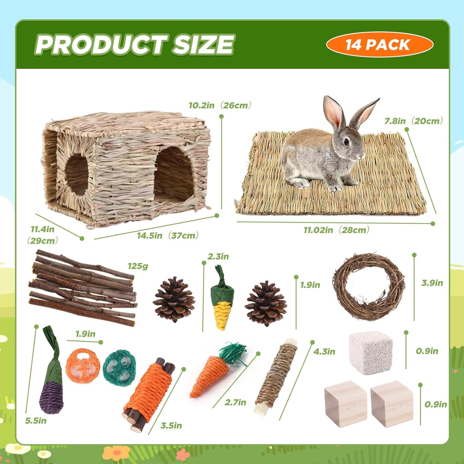 SUSOO Large Rabbit Grass House & Chewing Toy Set &ndash; Foldable Bunny Hideout, Natural Grass Bed,14 Natural Chew Toys with Carrot Shape Rattan, Apple Branch, Pinecone for Hamster, Guinea Pigs&Chinchilla image number 4