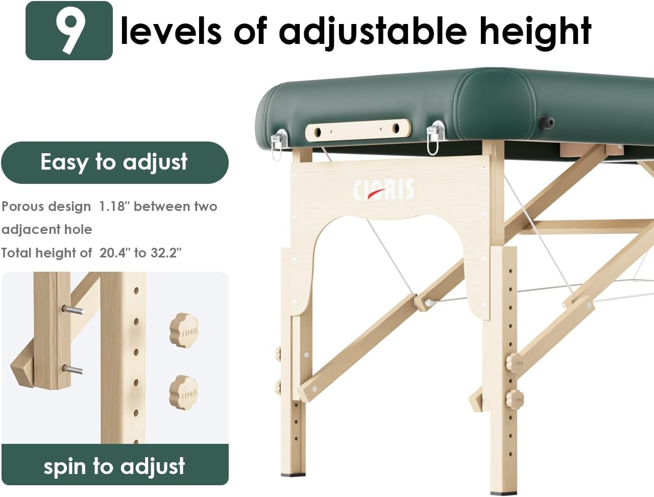 CLORIS 84" Professional Massage Table Portable 2 Folding Lightweight Facial Salon Spa Tattoo Bed Height Adjustable with Carrying Bag & Wooden Leg Hold up to 1100LBS Green image number 5