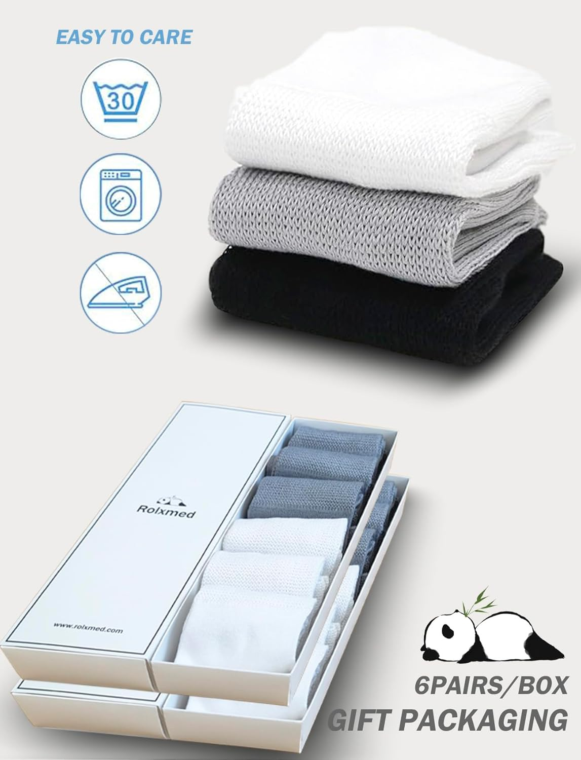 Rolxmed Bamboo Socks Natural Fiber Mositure Wicking Breathable for Casual/Business/Dress/Diabetic Men Women [6Pairs, Size 7-11 ] - Grey_Crew image number 5