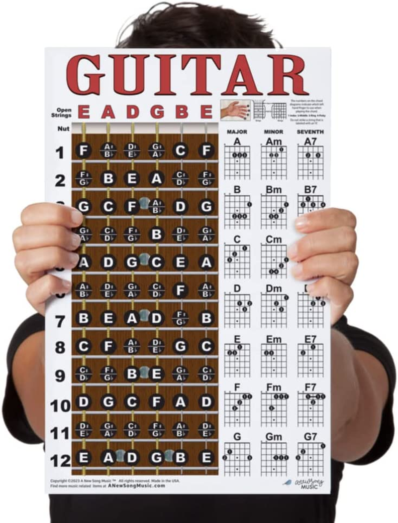 A New Song Music Laminated Guitar Chord & Fretboard Note Chart Instructional Easy Poster for Beginners Chords & Notes 11"X17" image number 4