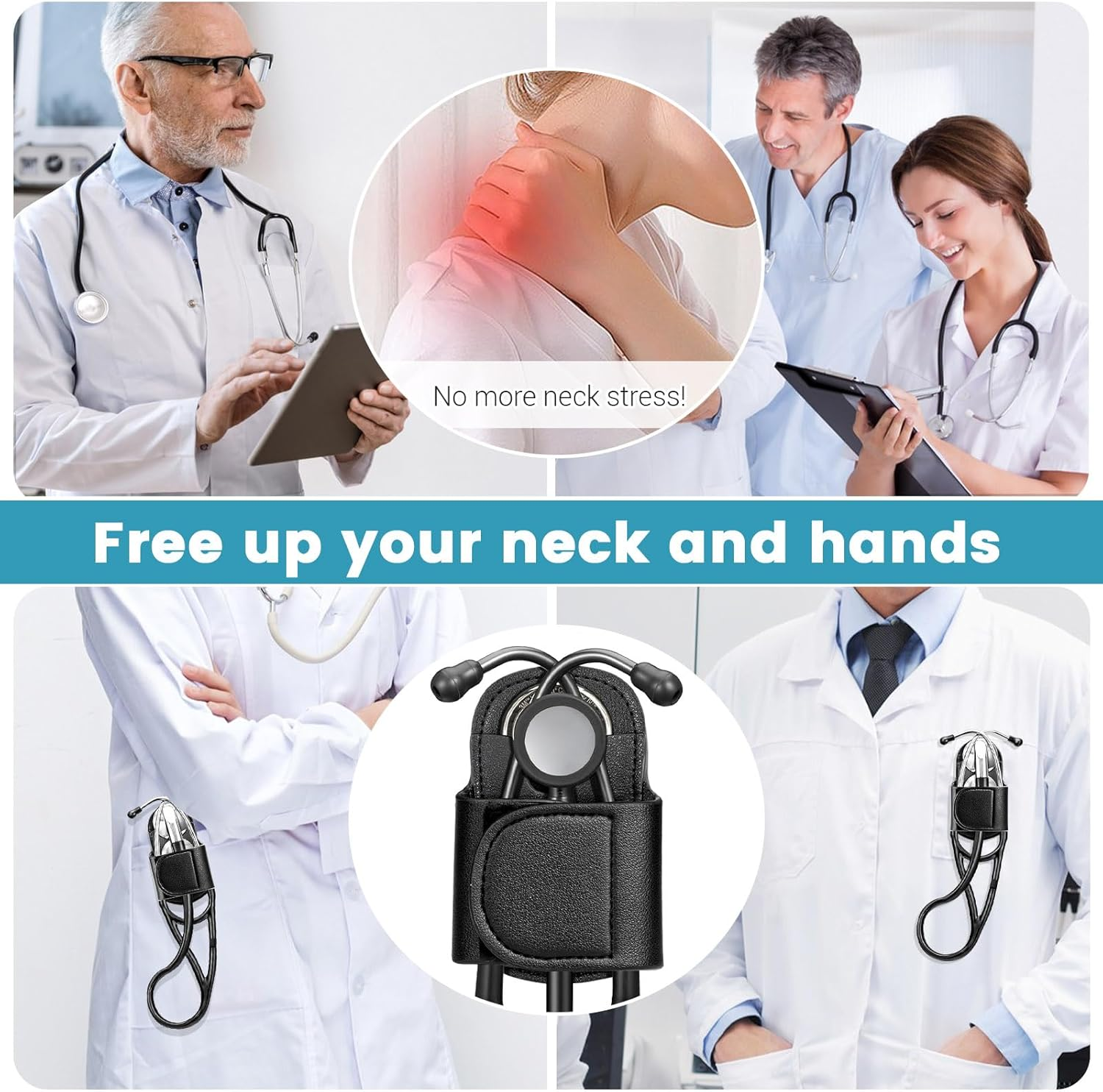 PU Stethoscope Holster, Universal Stethoscope Holder, Stethoscope Holder Hip Clip, Sturdy Stethoscope Holder for Scrubs, Black Stethoscope Accessories (Black) image number 2