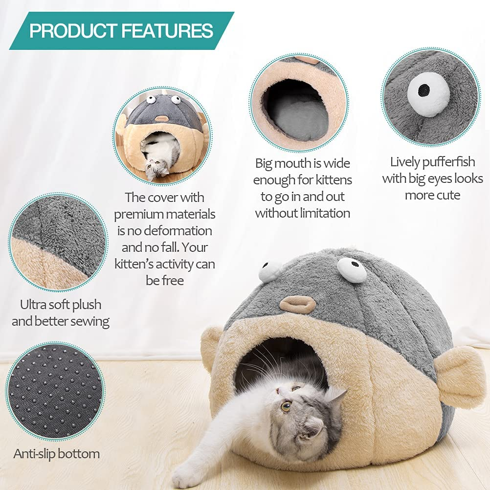 Cat Beds for Indoor Cats - Cat Bed Cave with Removable Washable Cushioned Pillow, Soft Plush Premium Cotton No Deformation Pet Bed, Lively Pufferfish Cat House Design, Grey, Multiple Sizes image number 4