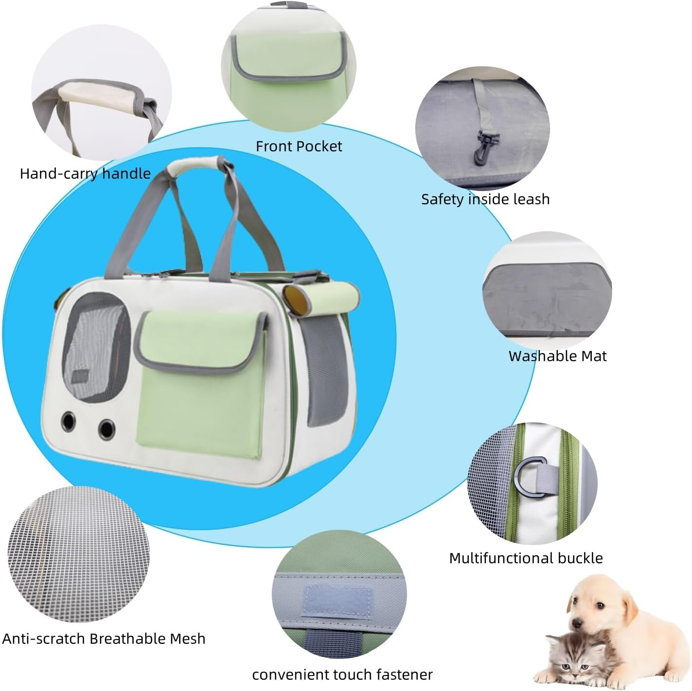 Collapsible Airline Approved Pet Carrier for Cats & Dogs up to 17 Lbs &ndash; Soft-Sided Travel Carrier with Breathable Mesh, Roll-Up Curtain & Easy-Clean Design (Green+Beige) - Grey+Black image number 7