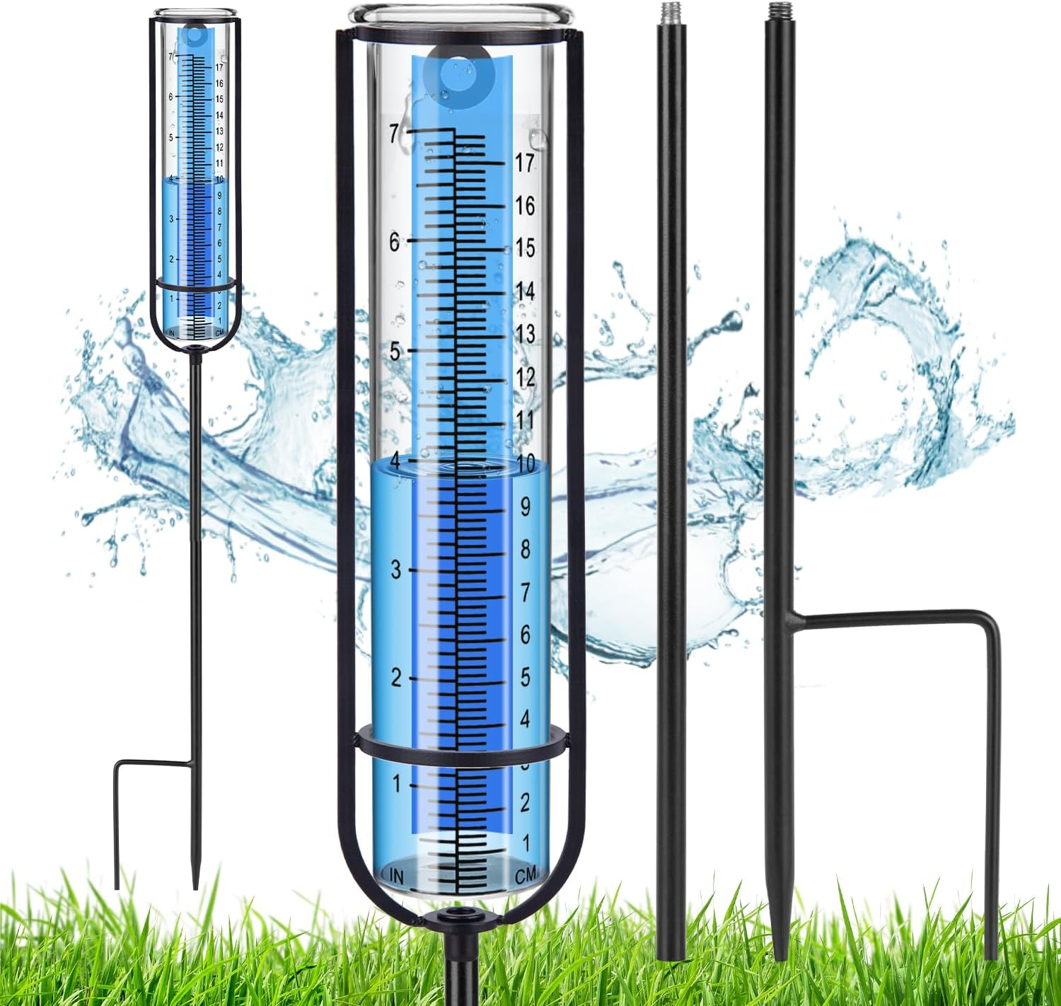 Richene Rain Gauge Upgrade, 7" Capacity Glass Rain Gauge Outdoor-Detachable Rain Guage with Lengthen Stake Best Rated for Yard, Lawn & Garden(Dual Scale) image number 2