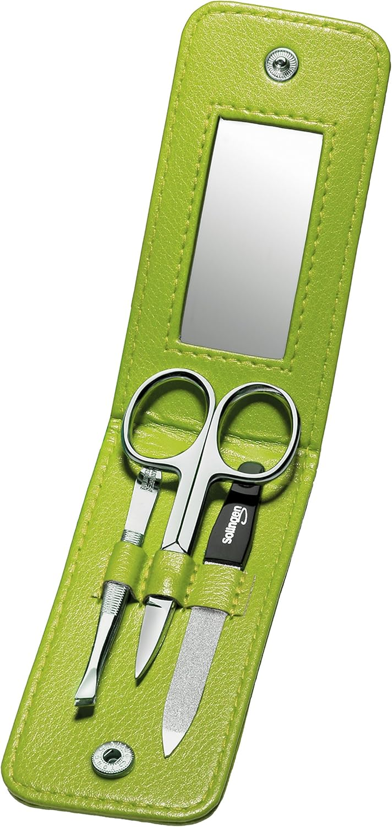 Clauss Real Leather Manicure Case with Mirror, Green - 3-Part