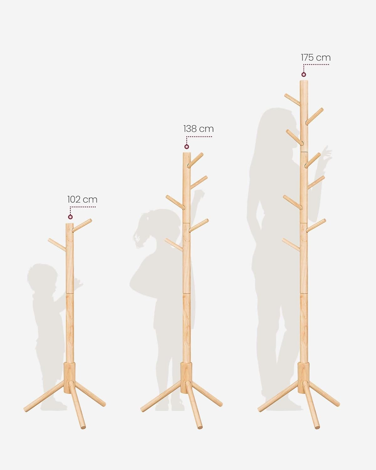 VASAGLE Coat Stand, Solid Wood Coat Rack, Tree Shaped Coat Rack, 8 Hooks, 3 Adjustable Heights, for Clothes, Hat, Bag, for Living Room, Bedroom, Office, Natural RCR004N01 image number 3