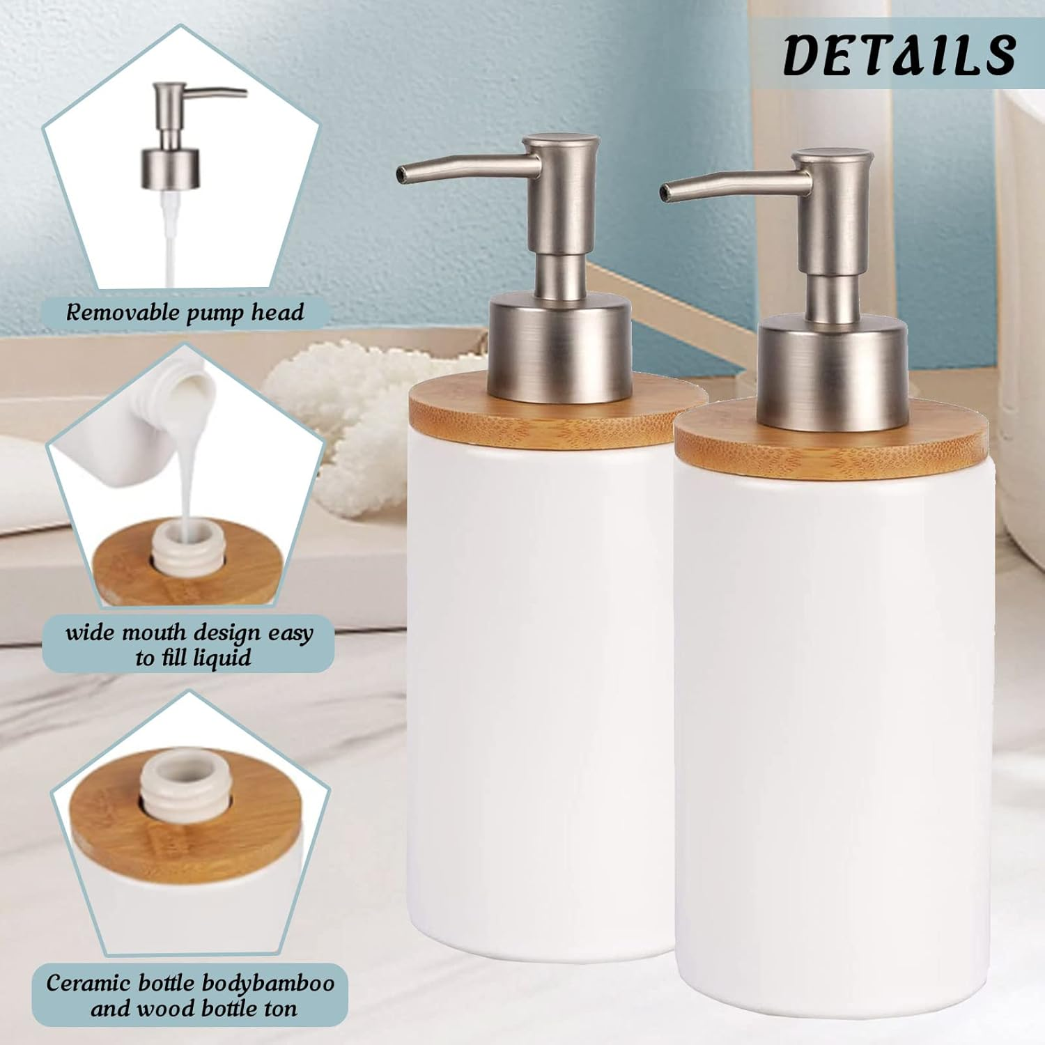TOWEBOORY 2Pcs Bathroom Soap Dispensers, 13Oz Ceramic Hand Wash Dispenser, Empty Refillable Shampoo Bottles with Pump for Hand Soap, Dish Soap, Lotion (White) - White image number 5