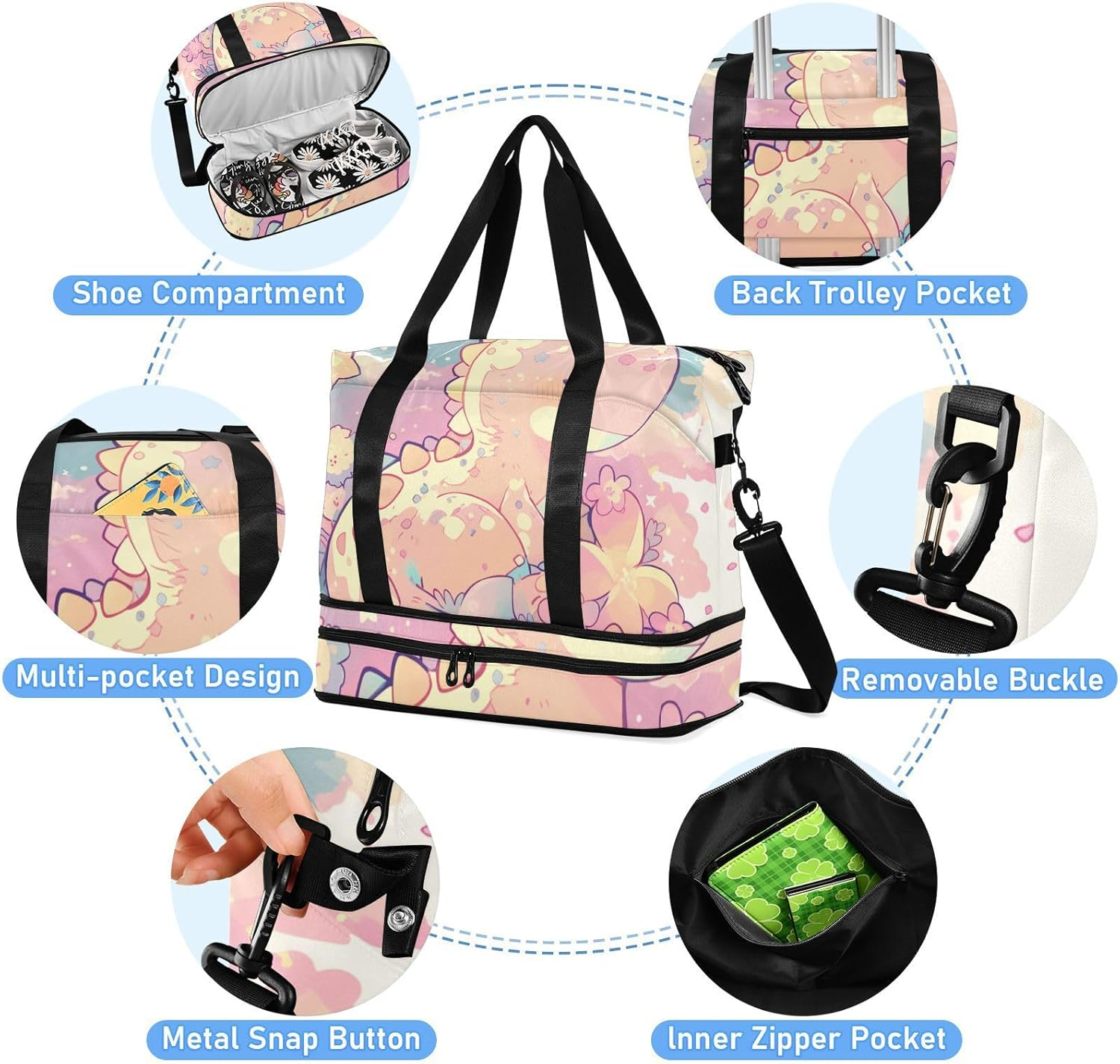 Cartoon Baby Dinosaur Childlike Doodle Style Pastel Colors Large Bag Travel Weekender Gear Bag with Adjustable Strap for Business Trips 2 Pcs Set, Cartoon Baby Dinosaur Childlike Doodle Style Pastel