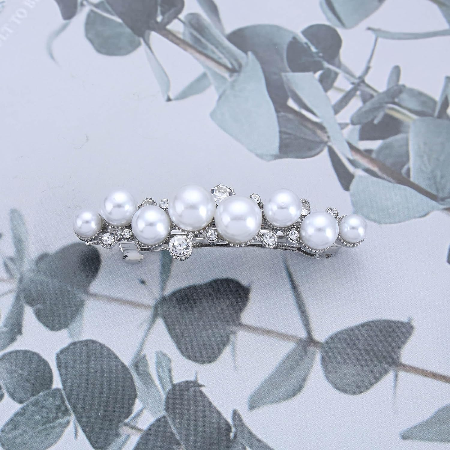 Enautoabs Silver Crystal Pearl Hair Clip Pearl Hair Clip Wedding Rhinestone French Crystal Barrettes Decorative Accessories for Women Headpiece image number 3