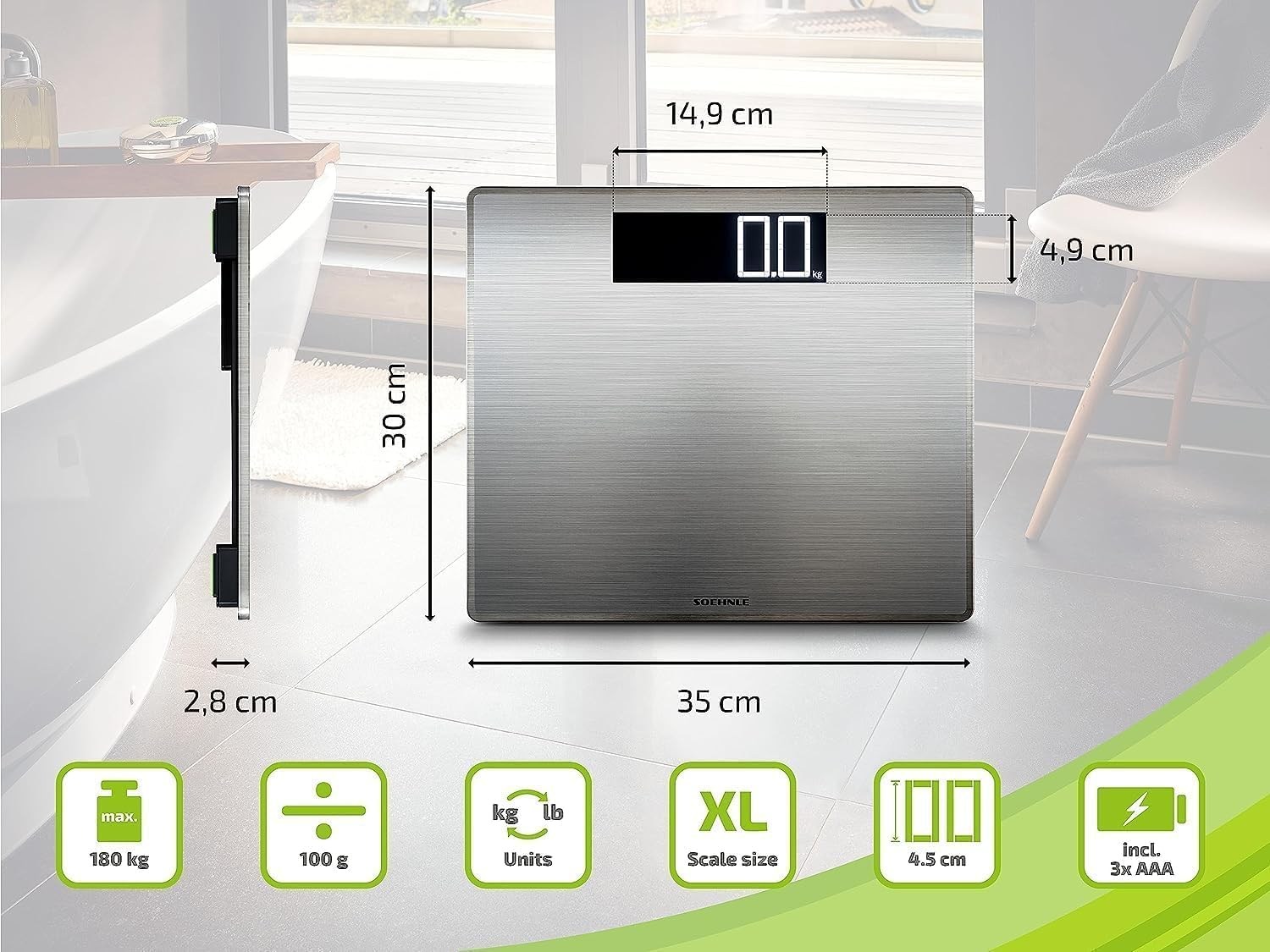 Soehnle 63867 Style Sense Safe 300 Stainless Steel Bathroom Scale, Digital Scale with Large Weighing Surface, Weighs up to 180 Kg, Electronic Scale with Extra Large Illuminated Display (Color: Silver)