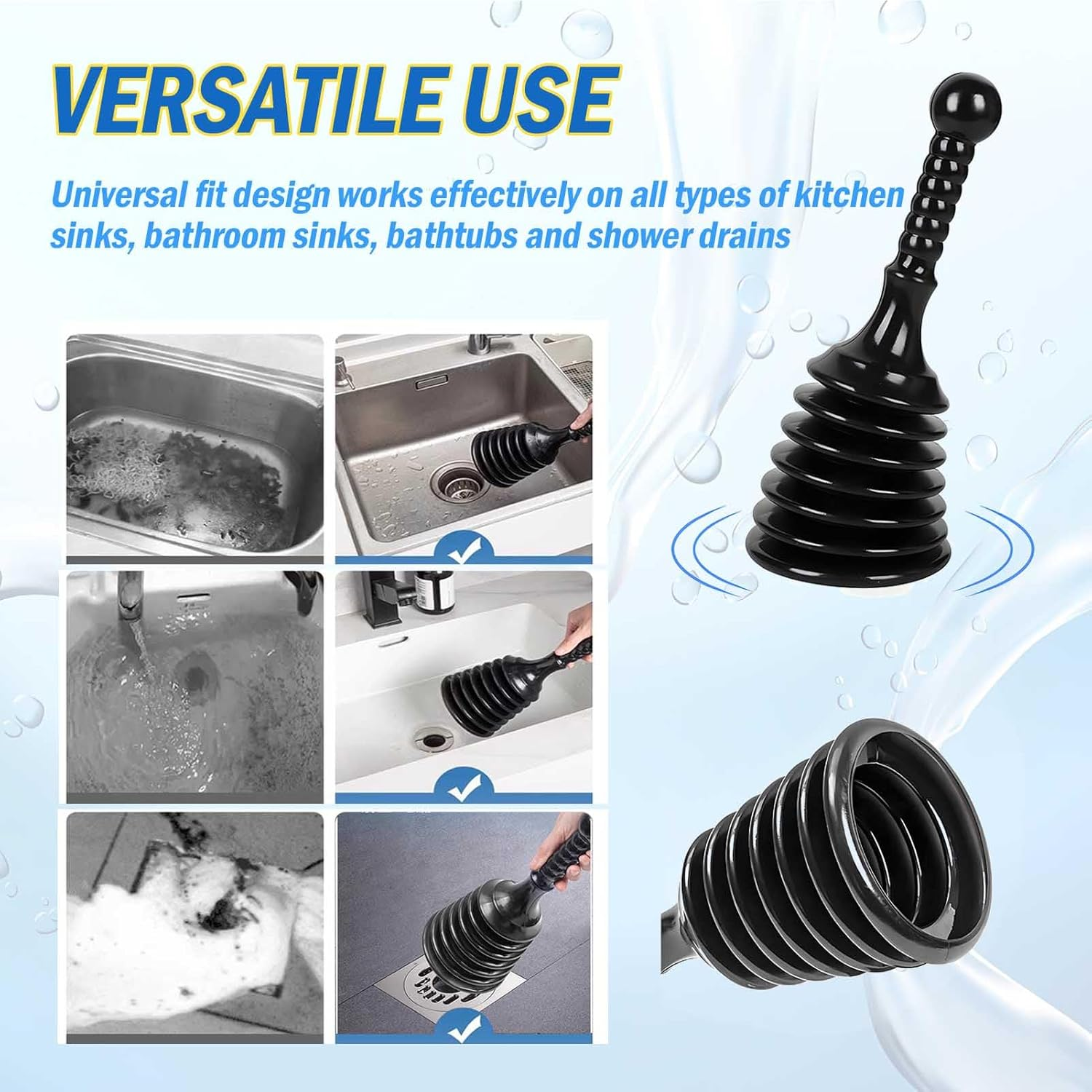 Sink and Drain Plunger for Bathrooms, Kitchens, Sinks, Baths and Showers. Small and 8X More Powerful Bellows Design