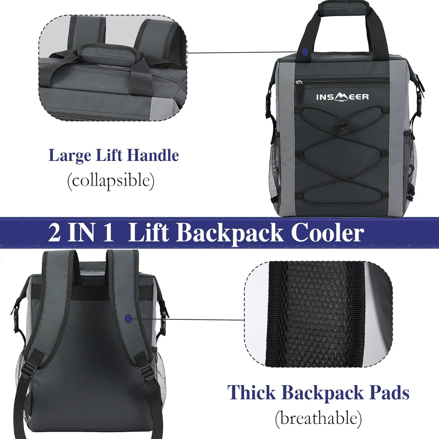 INSMEER Cooler Backpack, 36 Can Leakproof Cooler Bag with 2 Compartments/Bottle Opener/Comfort Shoulder Pad/Elastic Rope for Blanket, 25L Lightweight Soft Backpack Cooler Camping Hiking image number 2