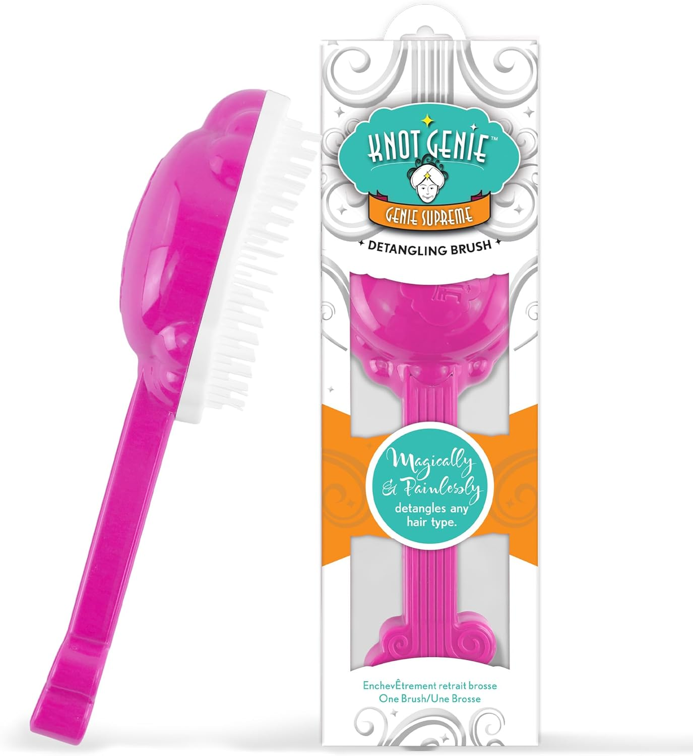 Knot Genie Supreme Detangling Hair Brush for Kids (Pop of Pink) | Perfect Detangling Brush for Curly Hair, Gently Separate Tangles, Leaves Hair Smooth and Shiny | the Pain Free Knot Detangler