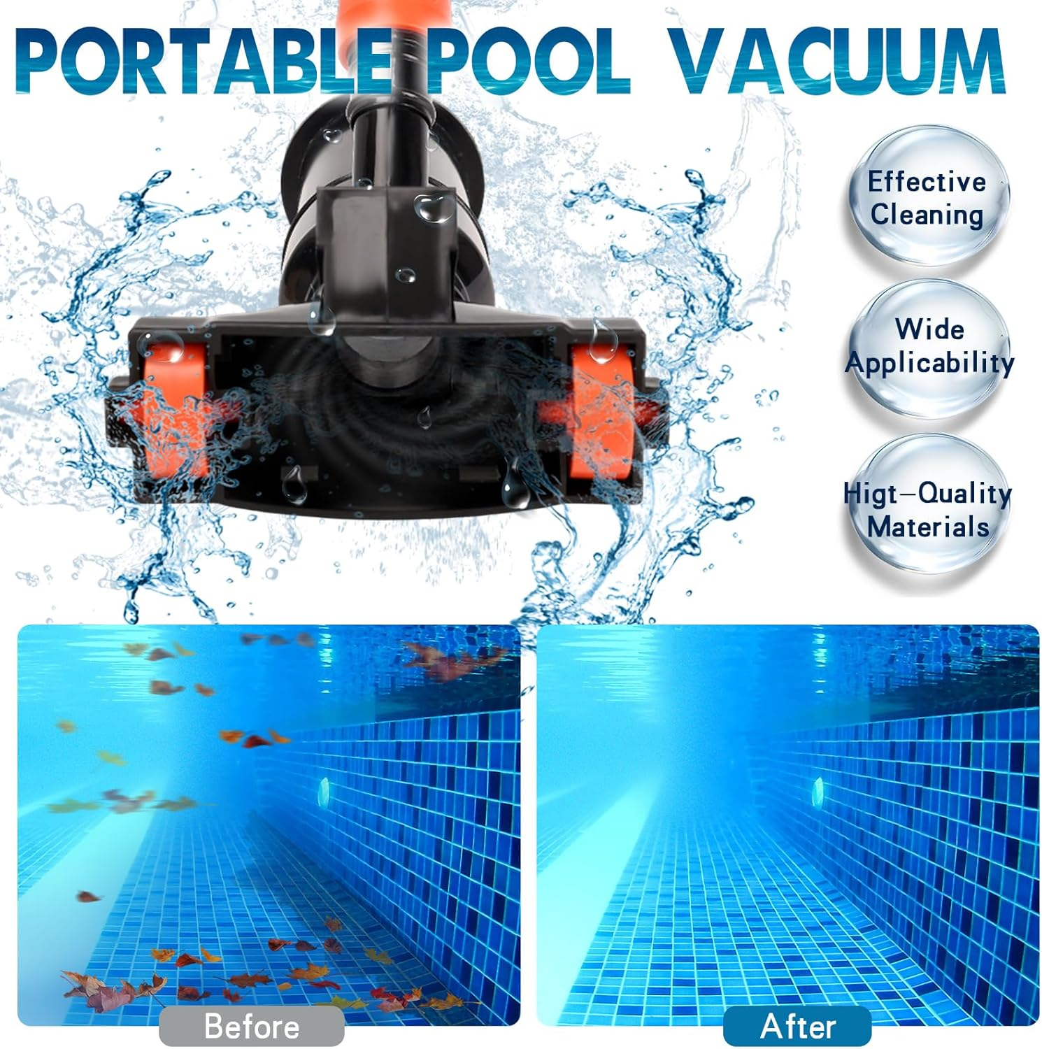 Portable Pool Vacuum for above Ground Pools - Non-Electric, Water Pressure-Driven Cleaner with Telescopic Pole, Leaf Suction Head & Filter Bag image number 4