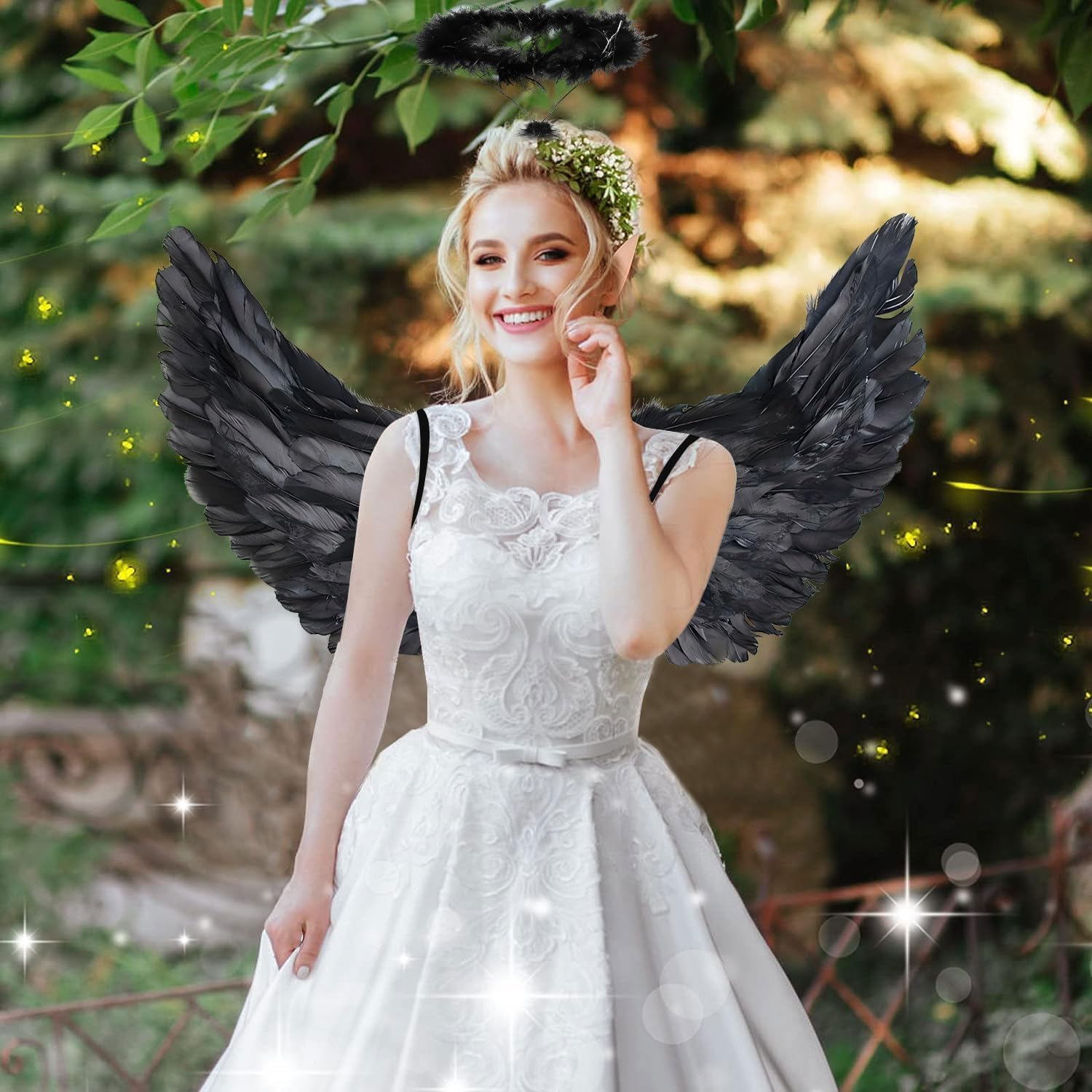 Angel Wings Black, 60 Cm Costume with Halo and Wand, Women'S and Girls' Black Feather Wings, Angel Decoration